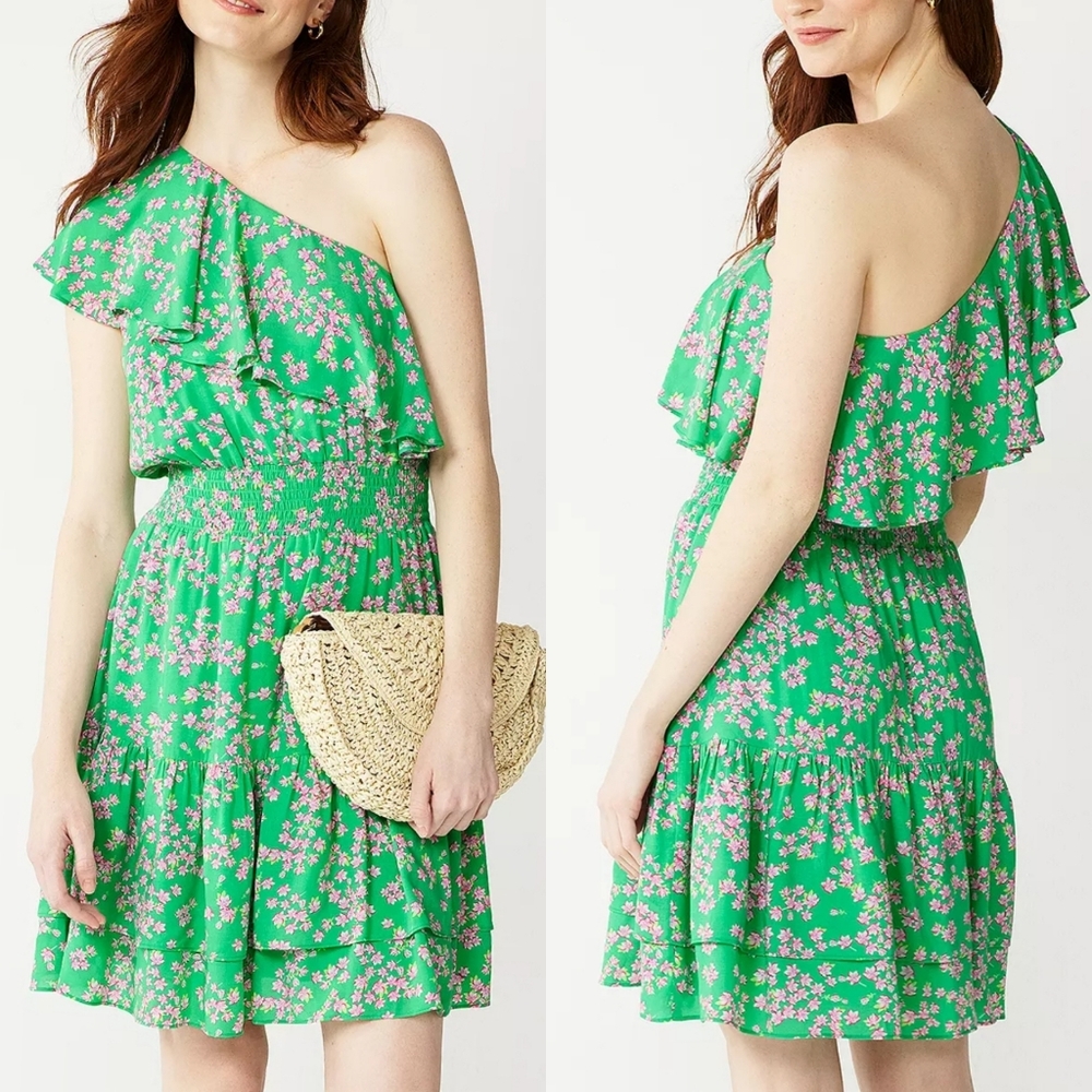 Draper James RSVP One Shoulder Dress NEW Womens XL Green Floral Tiered Ruffle